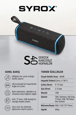 S40 Gerçek Kablosuz Bluetooth Hoparlör, 8W Stereo Ses, 6-10 Saat Çalma Süresi, TWS ve FM Radyo - Siyah / Kırmızı