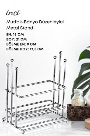 İnci 2 Bölmeli Çok Amaçlı Gümüş Metal Stand Düzenleyici Organizer- Sıvı Sabunluk- Yağdanlık Standı