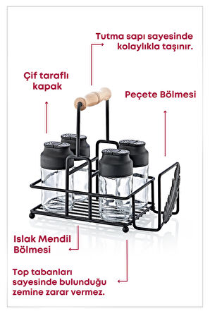 Metal Standlı Peçetelikli Islak Mendil Bölmeli 4'lü Çift Kapaklı Cam Baharatlık Seti- Restoran Kafe