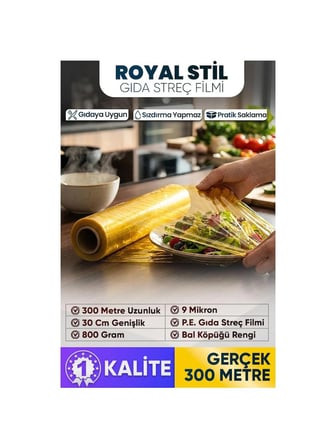 Royal Stil Streç Film | Gıda Temasına Uygun | Gold Serisi | 30 cm x 300 Mt. | 9 Mikron | 800 Gr. | İSO9001