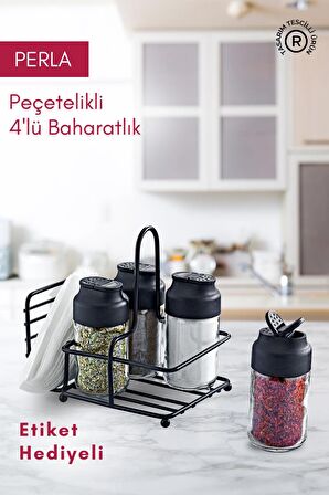 Perla Metal Standlı Peçetelik Hazneli 4'lü Çift Kapaklı Cam Baharatlık Seti - Baharat Takımı Peçetelik