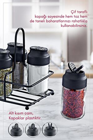 Perla Metal Standlı Peçetelik Hazneli 4'lü Çift Kapaklı Cam Baharatlık Seti - Baharat Takımı Peçetelik