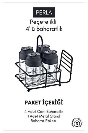 Perla Metal Standlı Peçetelik Hazneli 4'lü Çift Kapaklı Cam Baharatlık Seti - Baharat Takımı Peçetelik