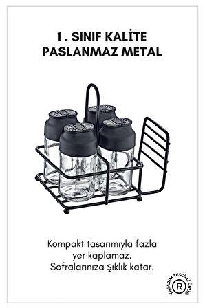 Perla Metal Standlı Peçetelikli 4'lü Çift Kapaklı Cam Baharatlık Seti - Tuzluk Biberlik Peçetelik