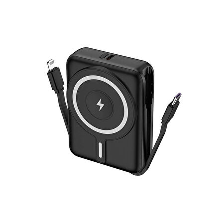 10000 mAh Kablosuz Powerbank Dijital LED Ekranlı, Type-C & Lightning Kabloları, Güçlü 15W Hızlı Şarj