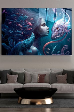 Mermaid And Fishes Cam Tablo, Dekoratif Cam Tablo