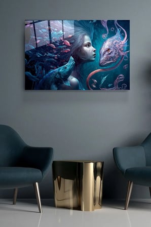 Mermaid And Fishes Cam Tablo, Dekoratif Cam Tablo