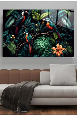 Green Birds Cam Tablo, Dekoratif Cam Tablo