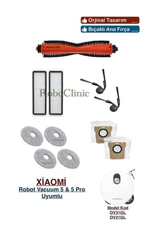 Xiaomi Robot Vacuum 5 / 5 Pro Süpürge Uyumlu Yedek Toz Torba, Fırça, Filtre, Mop Paspas 9 Parça