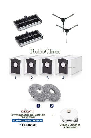 Dreame L10s Pro Ultra Heat Robot Süpürge ( RLL82CE ) Uyumlu Fırça, Hepa Filtre, Mop Paspası, Toz Torba 10 Parça