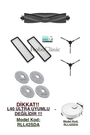 Dreame L40 Model Kod:RLL42SDA / L40 Plus Robot Süpürge Uyumlu Fırça, Hepa Filtre, Mop Seti-9 Parça