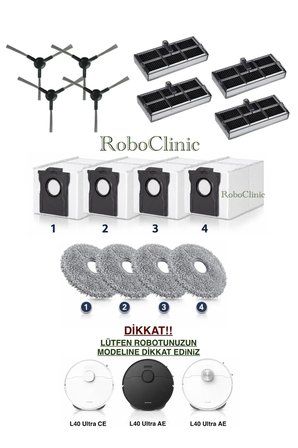 Dreame L40 Ultra CE ve AE Robot Süpürge Uyumlu Yedek Yan Fırça, Toz Torbası, Filtre, Mop Paspas 16 Parça