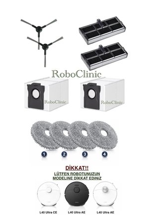 Dreame L40 Ultra CE ve AE Robot Süpürge Uyumlu Yedek Toz Torbası, Yan Fırça, Filtre, Mop Paspas -10 Parça