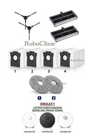 Dreame L40 Ultra CE ve AE Robot Süpürge Uyumlu Yedek Yan Fırça, Toz Torbası, Filtre, Paspas 10 Parça