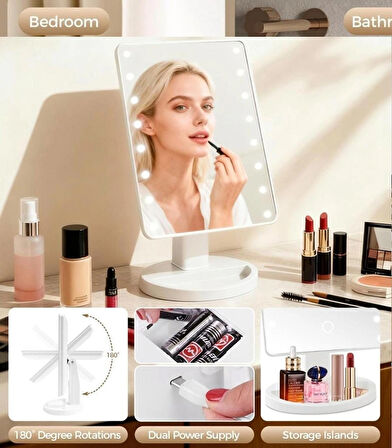 USB Şarjlı LED Işıklı Makyaj Aynası – 180° Döner Başlıklı, Parlaklık Ayarlı, Dokunmatik Masaüstü Vanity Mirror