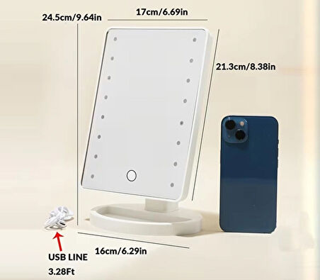 USB Şarjlı LED Işıklı Makyaj Aynası – 180° Döner Başlıklı, Parlaklık Ayarlı, Dokunmatik Masaüstü Vanity Mirror
