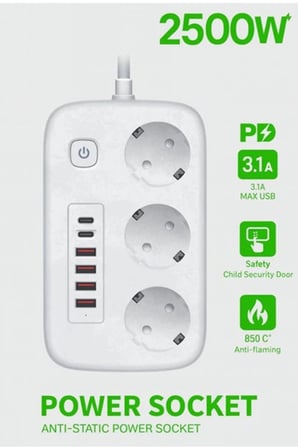  akım Korumalı Priz Ve Masaüstü Şarj İstasyonu Kablosuz 3 Priz ,4 Usb, 2 Type-c Girişli 2 Metre