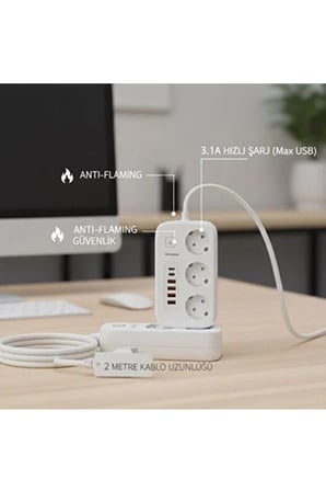  akım Korumalı Priz Ve Masaüstü Şarj İstasyonu Kablosuz 3 Priz ,4 Usb, 2 Type-c Girişli 2 Metre