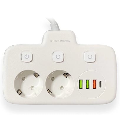 Akım Korumalı 2’li Ayrı Anahtarlı Priz, 2x Priz, 3x Usb, 1x Type-c, 2 Mt Kablo, Hızlı Şarj