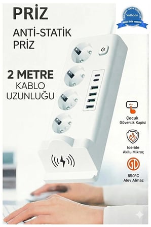 Akım Korumalı Priz Ve Masaüstü Şarj İstasyonu Kablosuz 4 Priz ,4 Usb, 2 Type-c Girişli 2 Metre