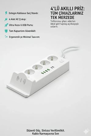Akım Korumalı Priz Ve Masaüstü Şarj İstasyonu Kablosuz 4 Priz ,4 Usb, 2 Type-c Girişli 2 Metre