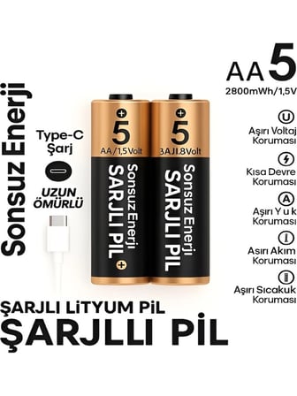 Type-C Şarjlı 2800Mwh 1.5V Şarj Edilebilir 2’Li Aa5 Kalın Pil - Lityum İyon Batarya