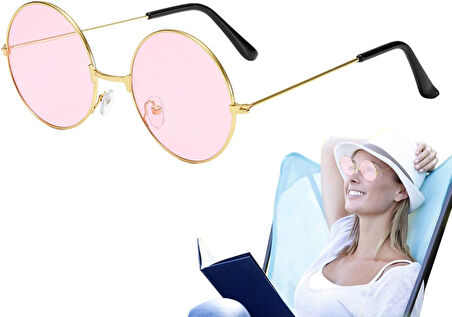 Yuvarlak Cam John Lennon Tarzı Gold Pembe Gözlük