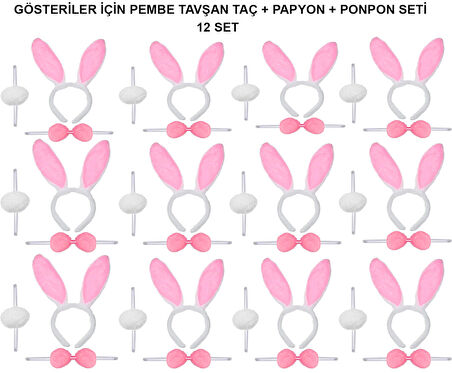 Pembe Tavşan Kostüm Seti – Taç, Papyon, Ponpon (12’li Paket)
