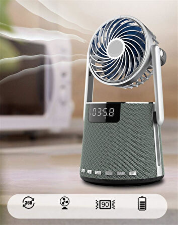 Mini Vantilatör & Güçlü Hoparlör, LED Göstergeli USB/AUX/FM Destekli, 4000mAh Bataryalı Soğutucu Fan