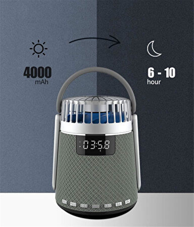 Mini Vantilatör & Güçlü Hoparlör, LED Göstergeli USB/AUX/FM Destekli, 4000mAh Bataryalı Soğutucu Fan
