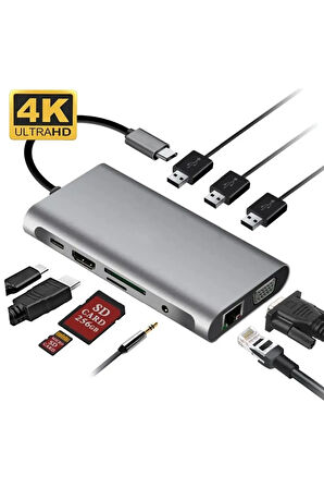 USB Tip C Hub Hdmı SD/TF Kart VGA RJ45 Ethernet 3.5mm Jack 10in1 Çevirici Çoklayıcı Adaptör