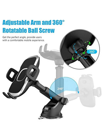 Oto Araba Araç İçi Telefon Tutucu Cam & Torpido üstü Teleskopik Güçlü Vantuzlu 360° Dönen Tutucu