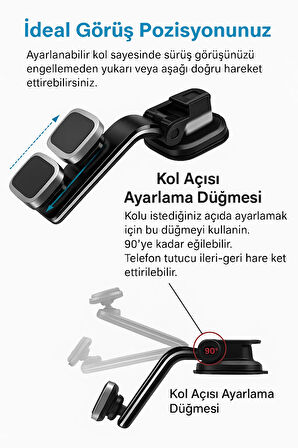 Oto Araba Araç İçi Telefon Tutucu Cam & Torpido Üstü, Güçlü Vantuzlu Sarsmaz Manyetik Tutucu