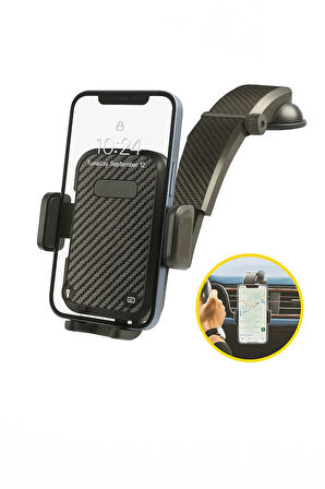 Oto Araba Araç İçi Telefon Tutucu Karbon Fiber Görünümlü, Cam & Torpido İçin Vantuzlu Güçlü Tutucu
