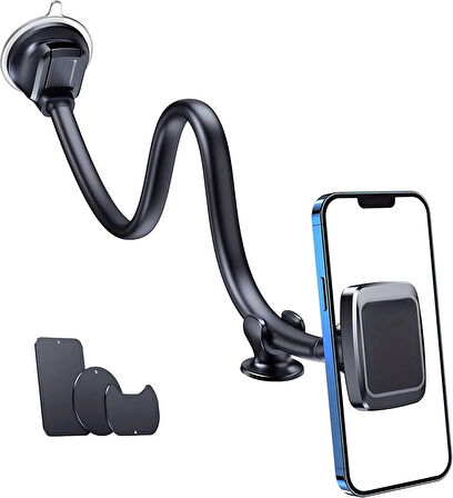 Uzun Esnek Kaz Boynu Manyetik Araç İçi Telefon Tutucu, Çift Stabilizasyonlu, 6x N45 Güçlü Mıknatıs