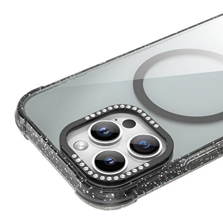 Apple iPhone 16 Pro Max Uyumlu Kılıf Parıltılı ve Şık, Taşlı ve Simli Magsafe Şarj Destekli Kapak