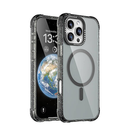 Apple iPhone 16 Pro Uyumlu Kılıf Parıltılı ve Şık, Taşlı ve Simli Magsafe Şarj Destekli Kapak