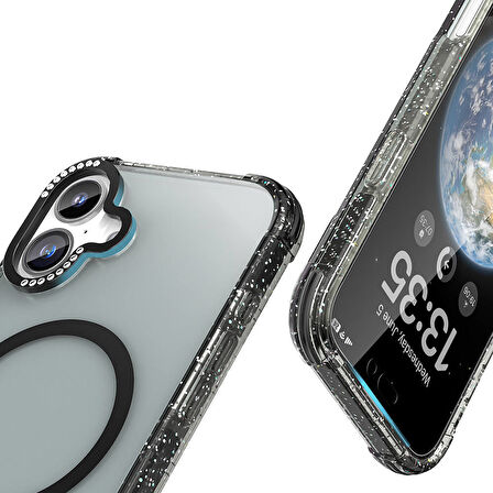 Apple iPhone 16 Uyumlu Kılıf Parıltılı ve Şık, Taşlı ve Simli Magsafe Şarj Destekli Kapak