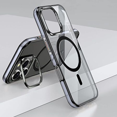 Apple iPhone 16 Pro Max Uyumlu Kılıf Açılabilir Stand Özellikli, Magsafe Şarj Destekli, Şeffaf Kapak