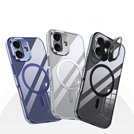 Apple iPhone 16 Plus Uyumlu Kılıf Açılabilir Stand Özellikli, Magsafe Şarj Destekli, Şeffaf Kapak