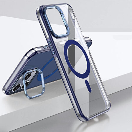 Apple iPhone 15 Pro Max Uyumlu Kılıf Açılabilir Stand Özellikli, Magsafe Şarj Destekli, Şeffaf Kapak