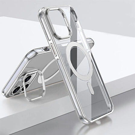 Apple iPhone 14 Pro Max Uyumlu Kılıf Açılabilir Stand Özellikli, Magsafe Şarj Destekli, Şeffaf Kapak