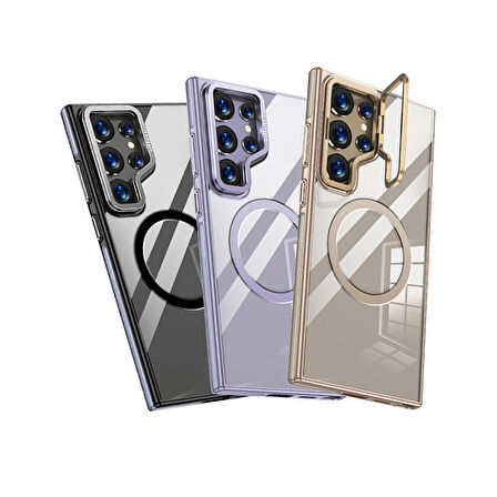 Samsung Galaxy S24 Ultra Uyumlu Kılıf Açılabilir Stand Özellikli, Magsafe Şarj Destekli Şeffaf Kapak