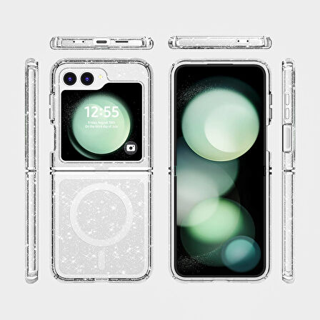 Samsung Galaxy Z Flip 6 Uyumlu Kılıf Şık ve Işıltılı Magsafe Şarj Destekli Şeffaf ve Mat Kapak