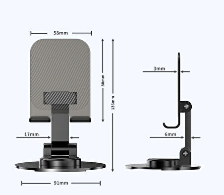 Telefon & Tablet Tutucu Taşınabilir Katlanır Stand 360° Dönen, Karbon Çelik Tasarım Çizilmez Silikon