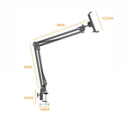 Masaüstü Telefon & Tablet Tutucu 360° Dönen Başlık, Çift Teleskopik Kol (73cm) Ayarlanabilir Kelepçe