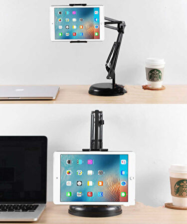 Masaüstü Telefon Tablet Tutucu 360° Dönen Başlık Çift Hareketli Ayarlanabilir Uzun Kol (56cm)
