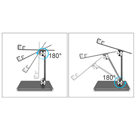 MasaÜstü Telefon Tablet Standı Ağır Metal Taban, Katlanabilir, 180° Dönen Çift Dirsekli Tutucu Gümüş