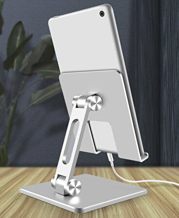 MasaÜstü Telefon Tablet Standı Ağır Metal Taban, Katlanabilir, 180° Dönen Çift Dirsekli Tutucu Gri