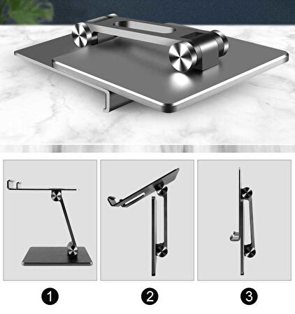 MasaÜstü Telefon Tablet Standı Ağır Metal Taban, Katlanabilir, 180° Dönen Çift Dirsekli Tutucu Gri